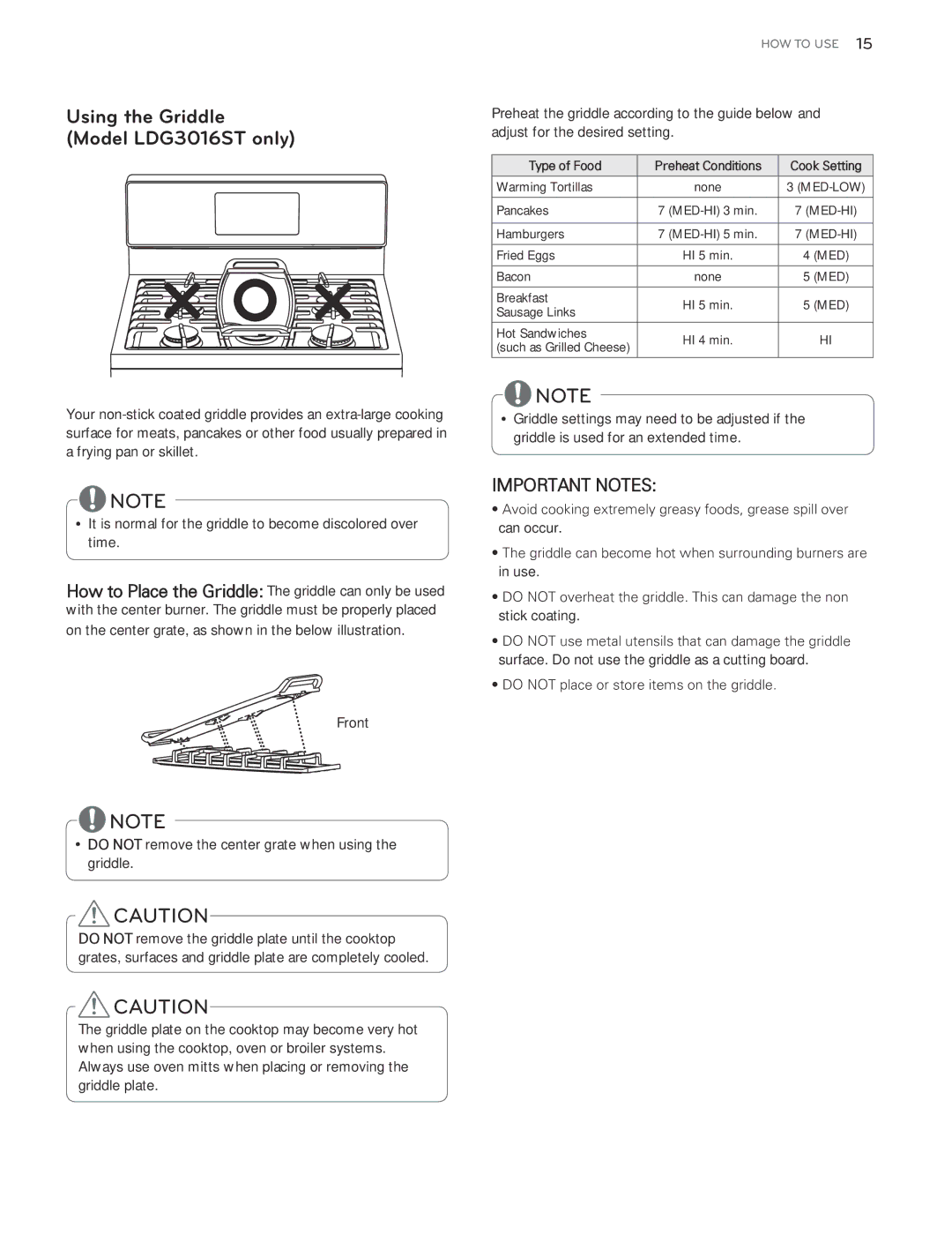 LG Electronics LDG3015SB, LDG3015ST, LDG3015SW owner manual Using the Griddle, Model LDG3016ST only, Type of Food 