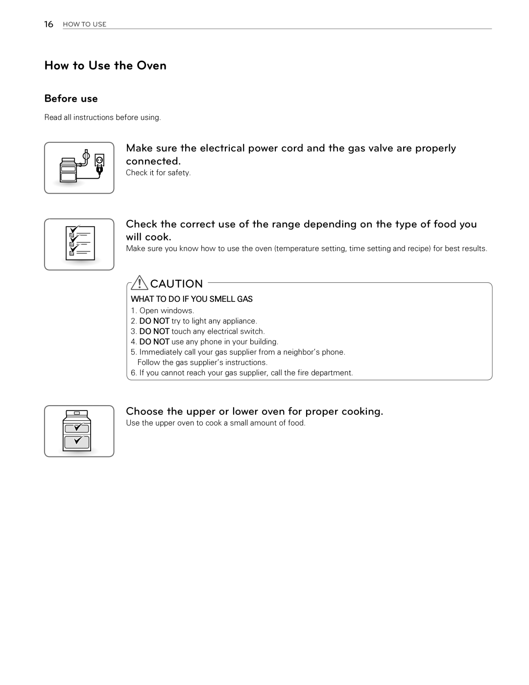 LG Electronics LDG3016ST, LDG3015ST, LDG3015SW, LDG3015SB owner manual How to Use the Oven, Before use 