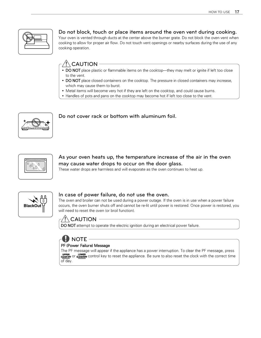 LG Electronics LDG3015ST, LDG3016ST, LDG3015SW Case of power failure, do not use the oven, PF Power Failure Message 