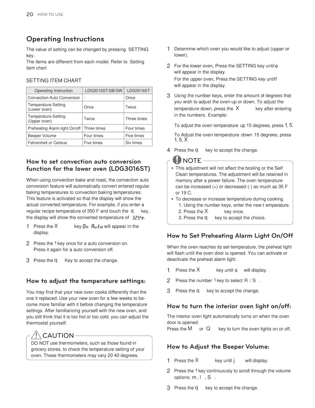 LG Electronics LDG3016ST Operating Instructions, How to adjust the temperature settings, How to Adjust the Beeper Volume 