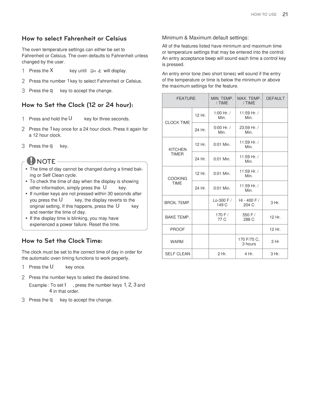 LG Electronics LDG3015ST, LDG3016ST, LDG3015SW How to select Fahrenheit or Celsius, How to Set the Clock 12 or 24 hour 