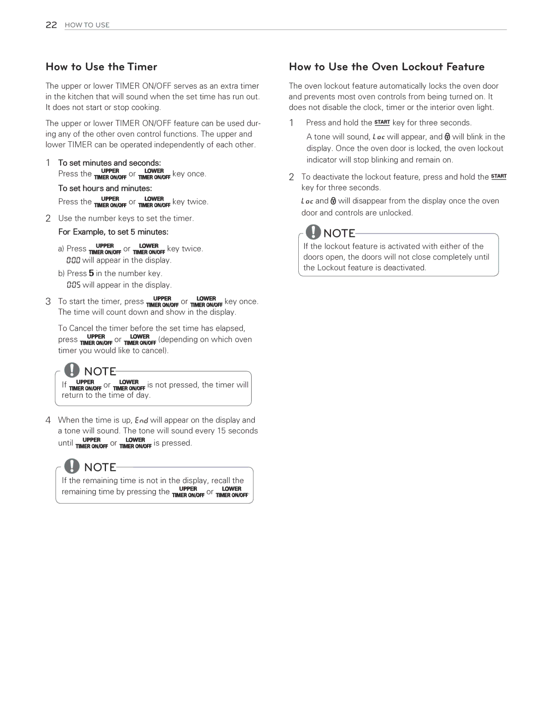 LG Electronics LDG3015SW, LDG3016ST How to Use the Timer, How to Use the Oven Lockout Feature, To set minutes and seconds 