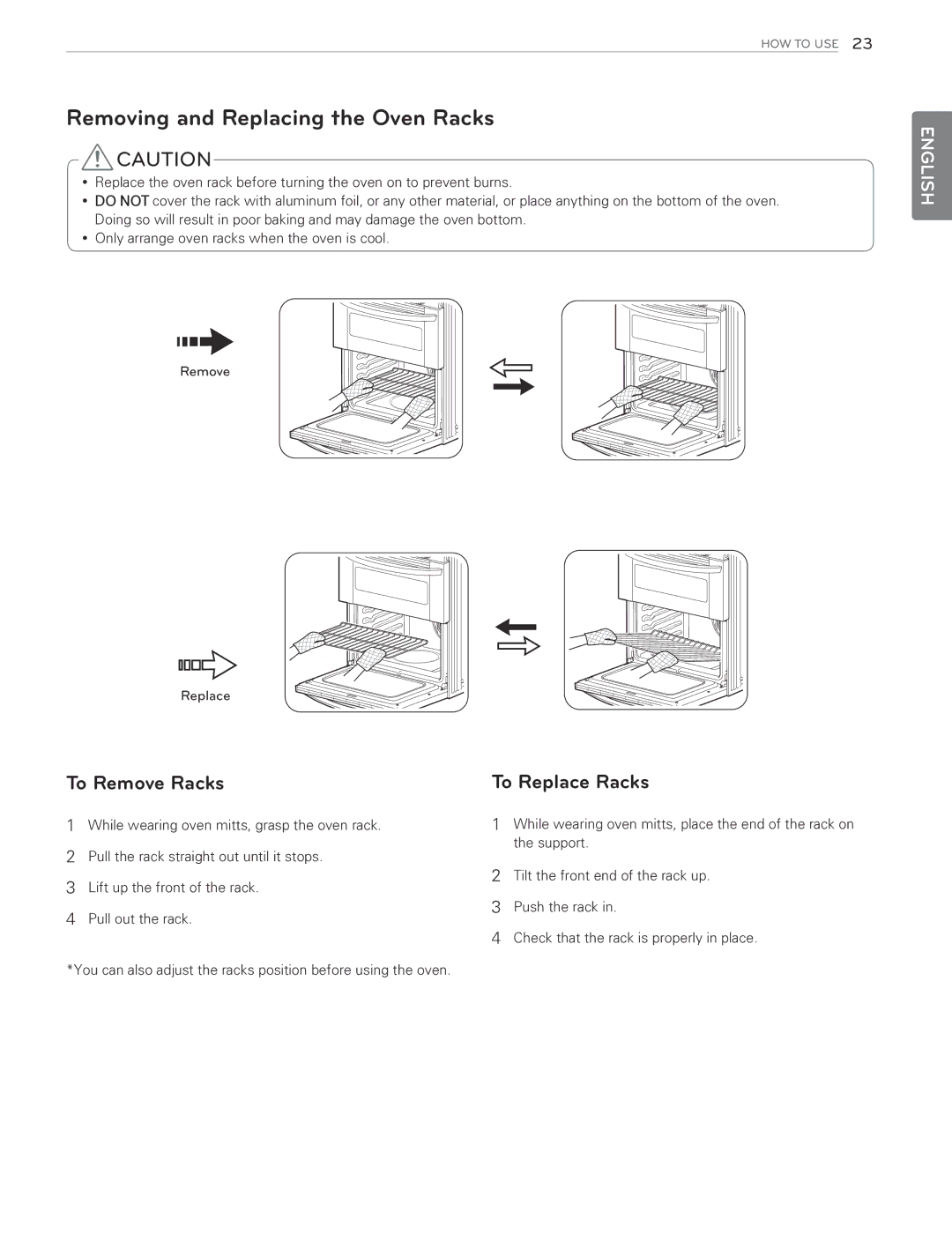 LG Electronics LDG3015SB, LDG3016ST, LDG3015ST Removing and Replacing the Oven Racks, To Remove Racks, To Replace Racks 