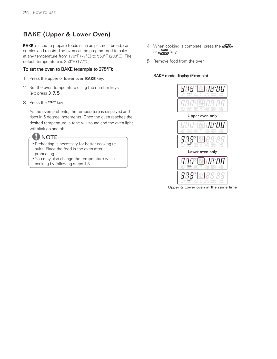 LG Electronics LDG3016ST Bake Upper & Lower Oven, To set the oven to Bake example to 375F, Bake mode display Example 