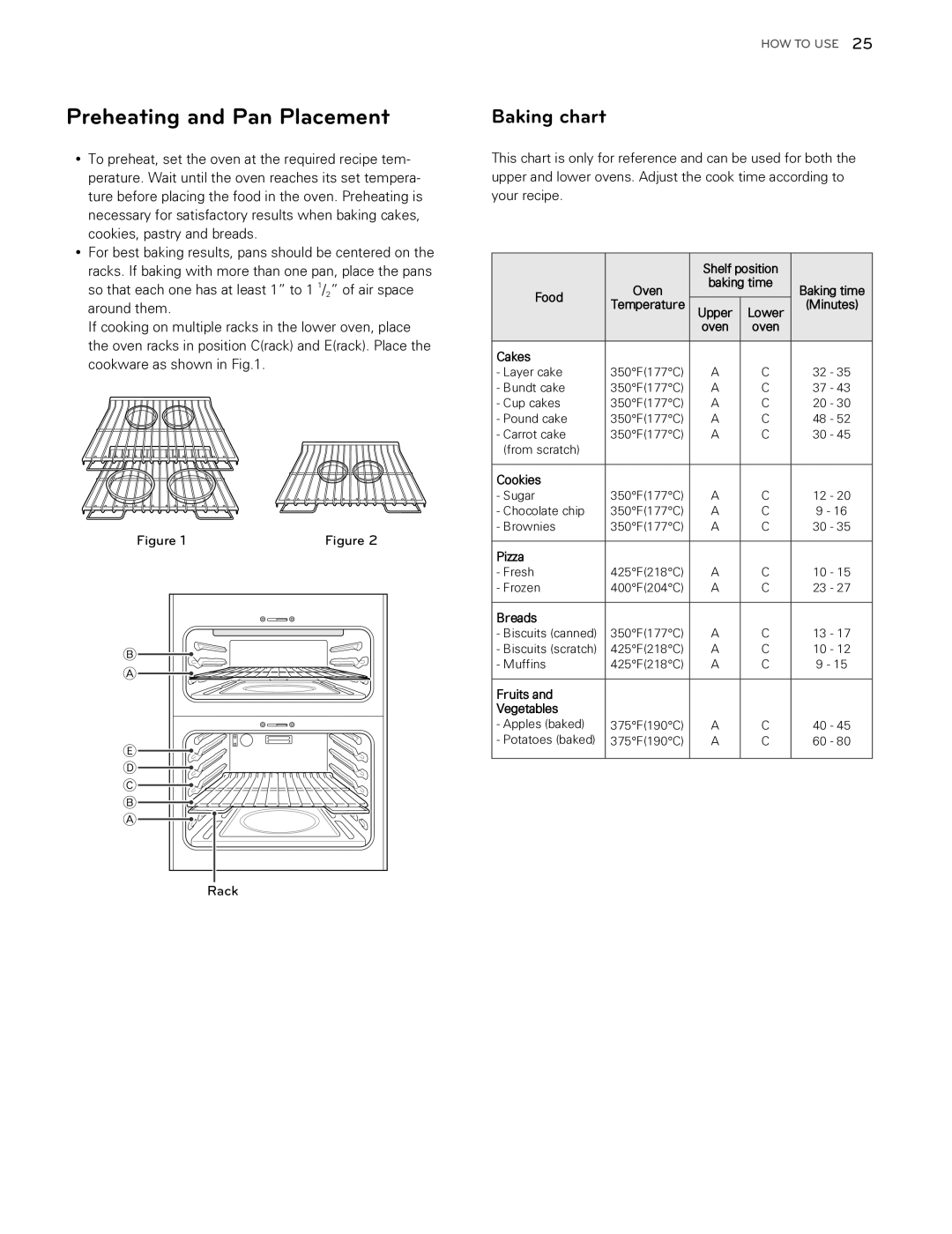 LG Electronics LDG3015ST, LDG3016ST, LDG3015SW, LDG3015SB owner manual Preheating and Pan Placement, Baking chart 