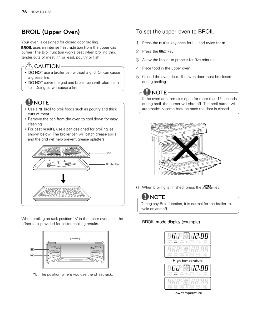 LG Electronics LDG3015SW, LDG3016ST, LDG3015ST Broil Upper Oven, To set the upper oven to Broil, Broil mode display example 