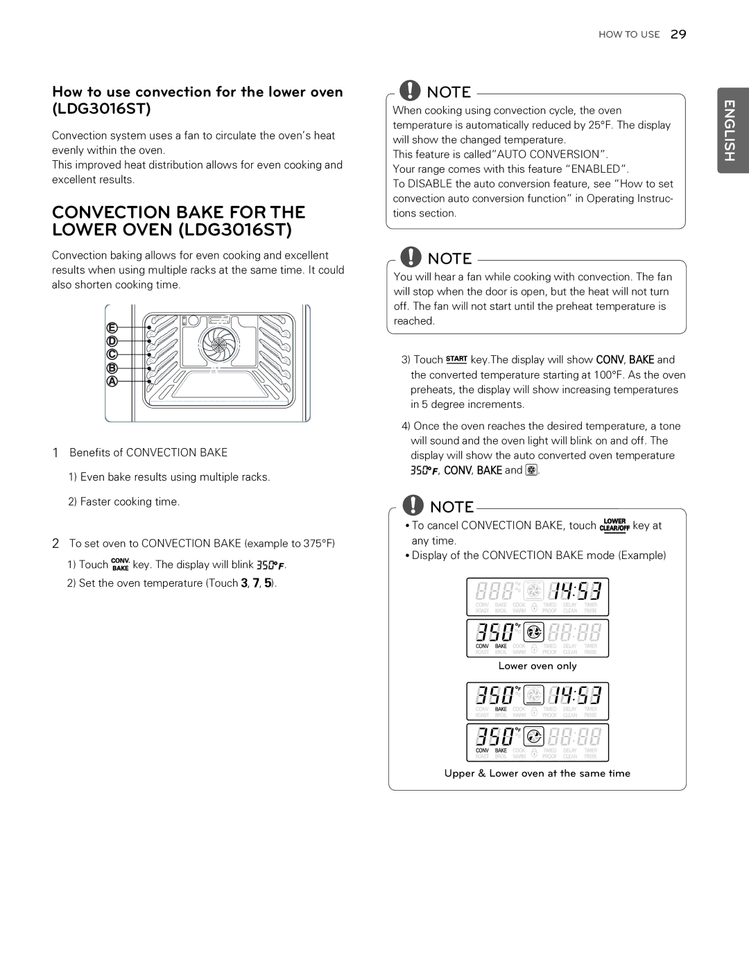 LG Electronics LDG3015ST Convection Bake for the Lower Oven LDG3016ST, How to use convection for the lower oven LDG3016ST 