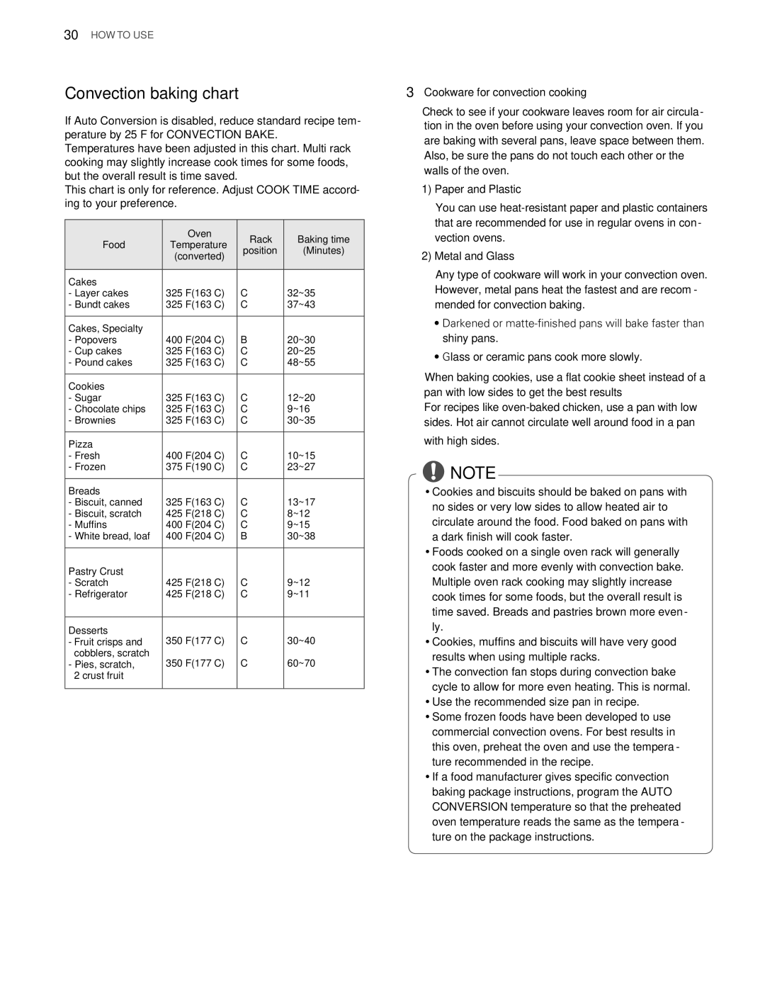 LG Electronics LDG3015SW, LDG3016ST, LDG3015ST, LDG3015SB Convection baking chart, Oven Rack Baking time Food, Converted 