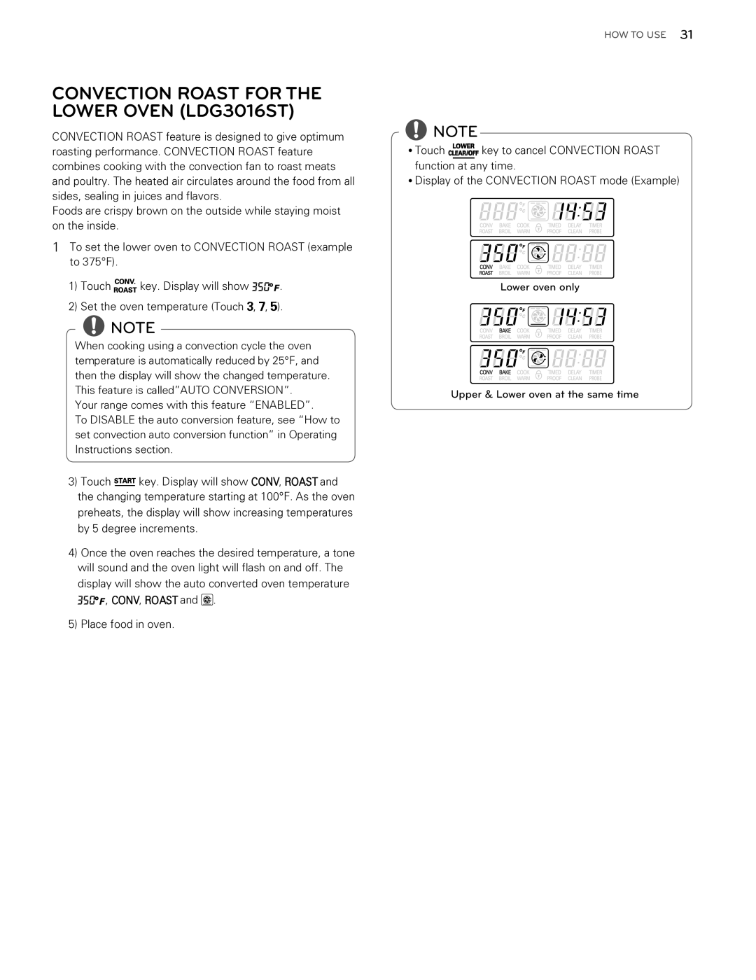 LG Electronics LDG3015SB, LDG3015ST, LDG3015SW owner manual Convection Roast for the Lower Oven LDG3016ST 