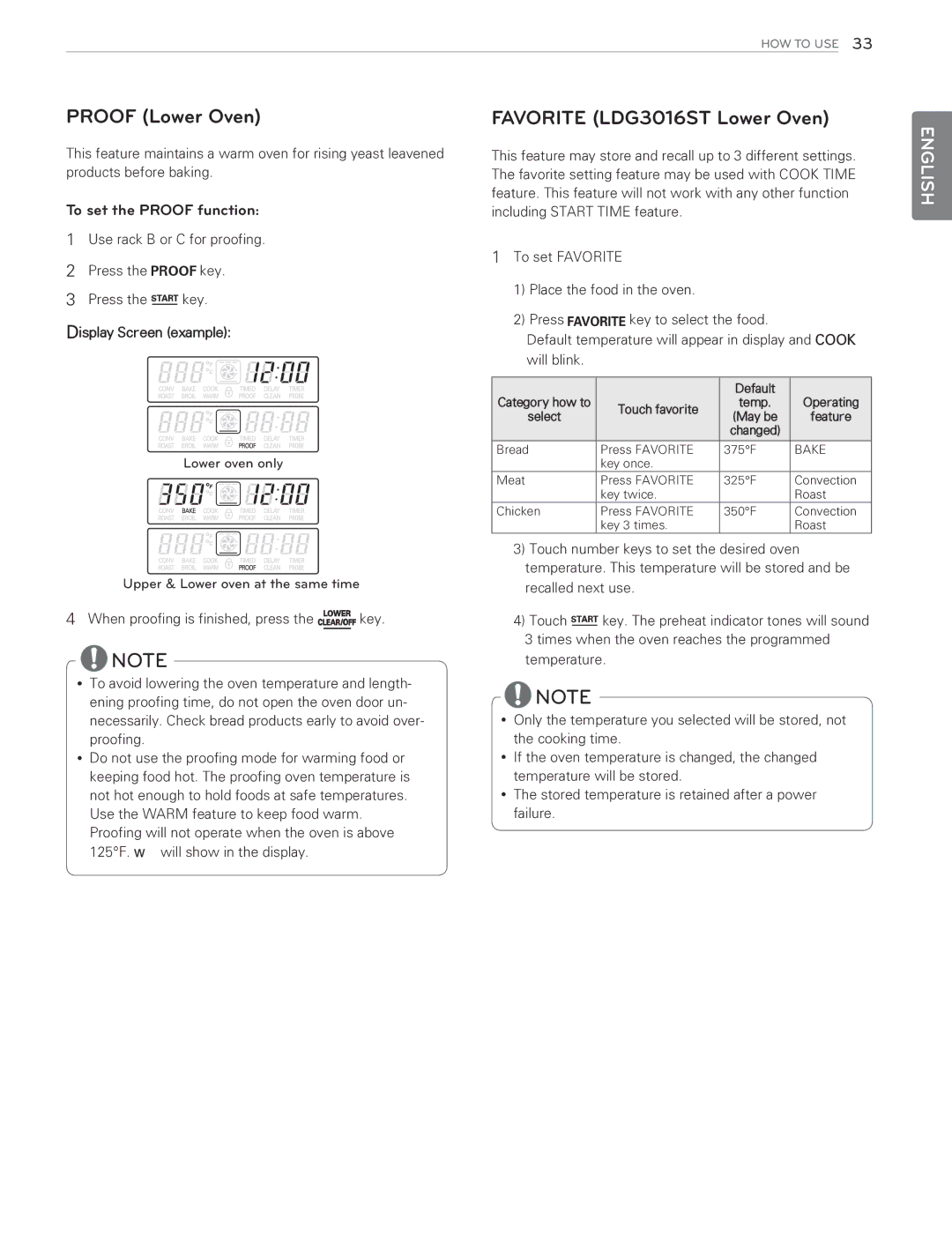 LG Electronics LDG3015ST, LDG3015SW, LDG3015SB Proof Lower Oven, Favorite LDG3016ST Lower Oven, To set the Proof function 