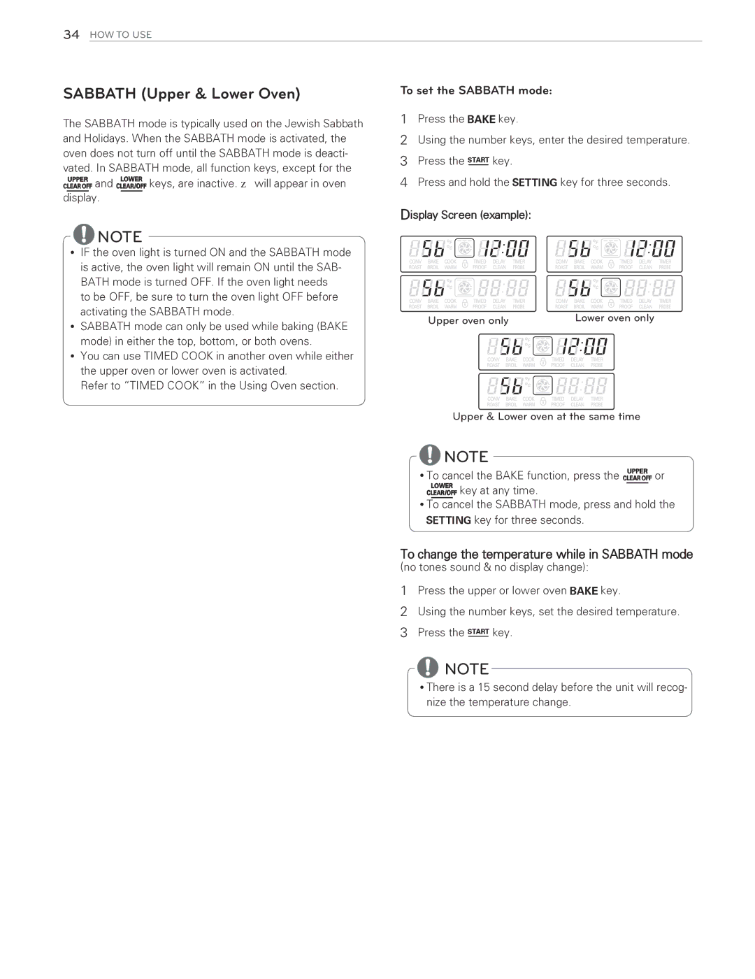 LG Electronics LDG3015SW, LDG3016ST, LDG3015ST, LDG3015SB owner manual Sabbath Upper & Lower Oven, To set the Sabbath mode 