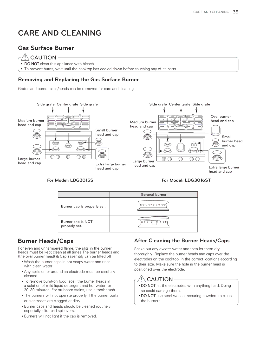 LG Electronics LDG3015SB, LDG3016ST, LDG3015ST Burner Heads/Caps, Removing and Replacing the Gas Surface Burner 