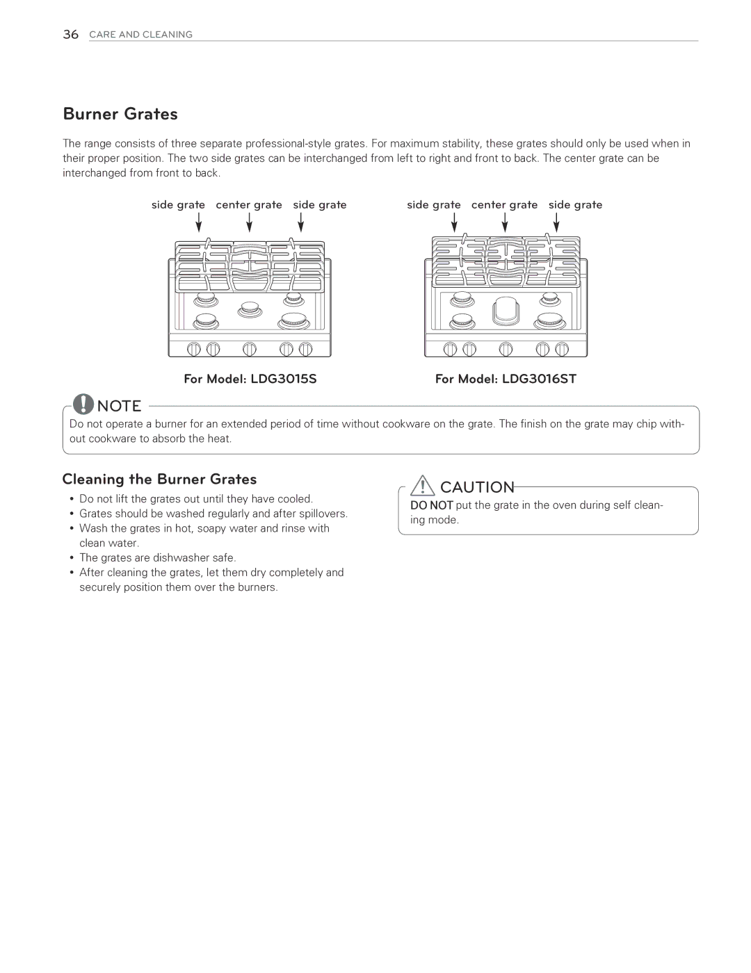 LG Electronics LDG3015ST, LDG3015SW, LDG3015SB owner manual Cleaning the Burner Grates, For Model LDG3016ST 