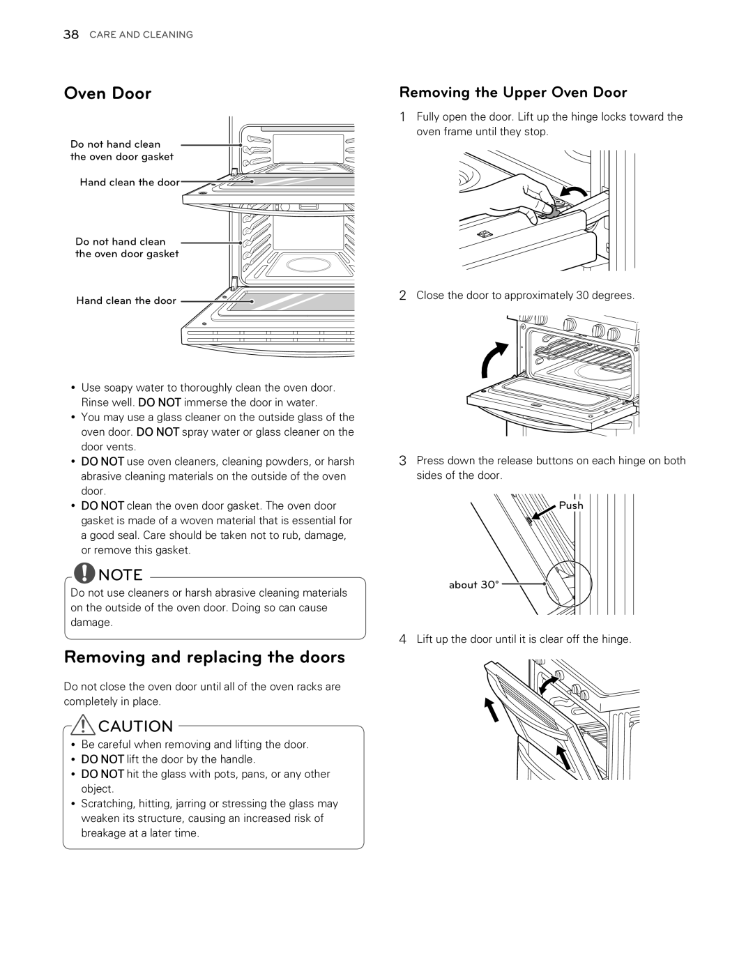 LG Electronics LDG3015SW, LDG3016ST, LDG3015ST, LDG3015SB Removing and replacing the doors, Removing the Upper Oven Door 