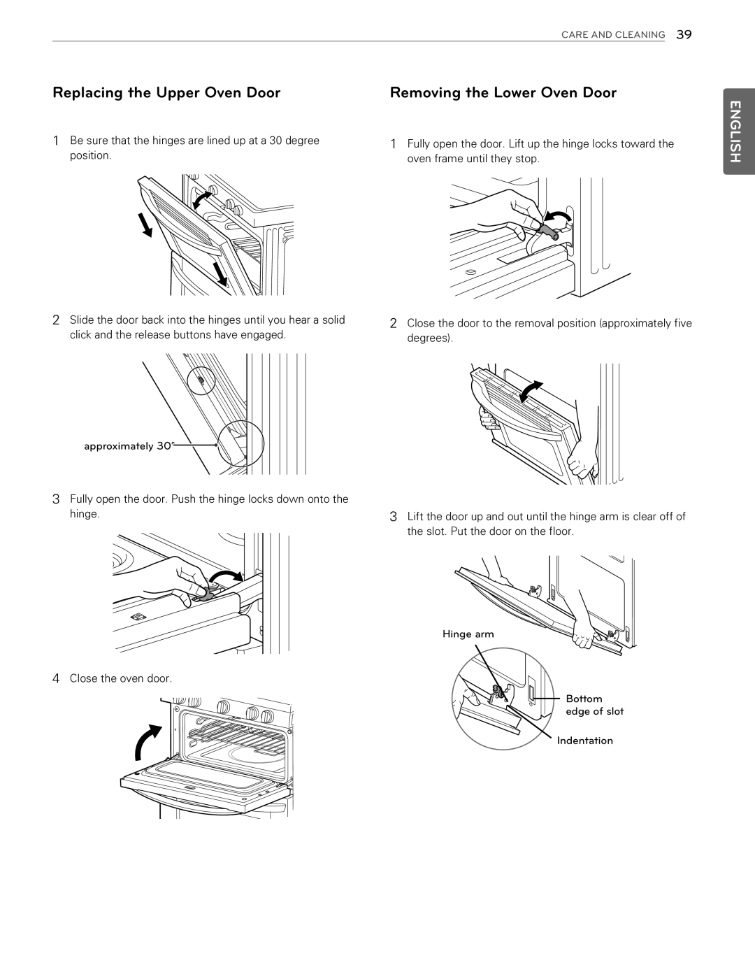 LG Electronics LDG3015SB, LDG3016ST, LDG3015ST, LDG3015SW Replacing the Upper Oven Door, Removing the Lower Oven Door 