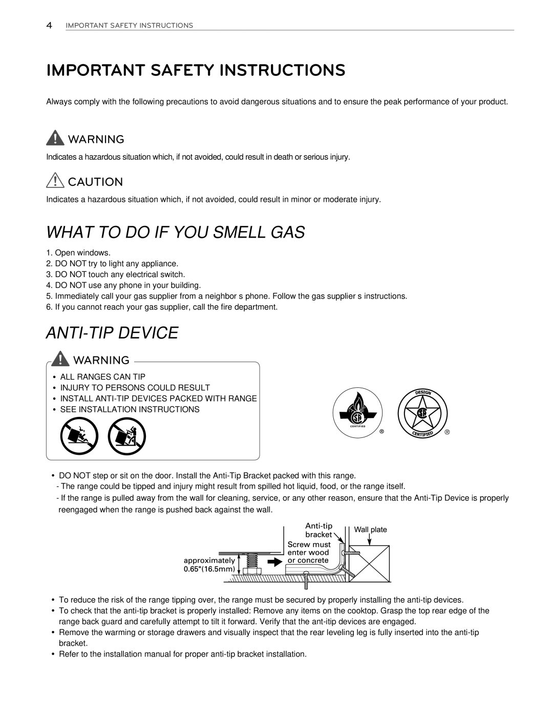 LG Electronics LDG3016ST, LDG3015ST, LDG3015SW, LDG3015SB owner manual Important Safety Instructions 