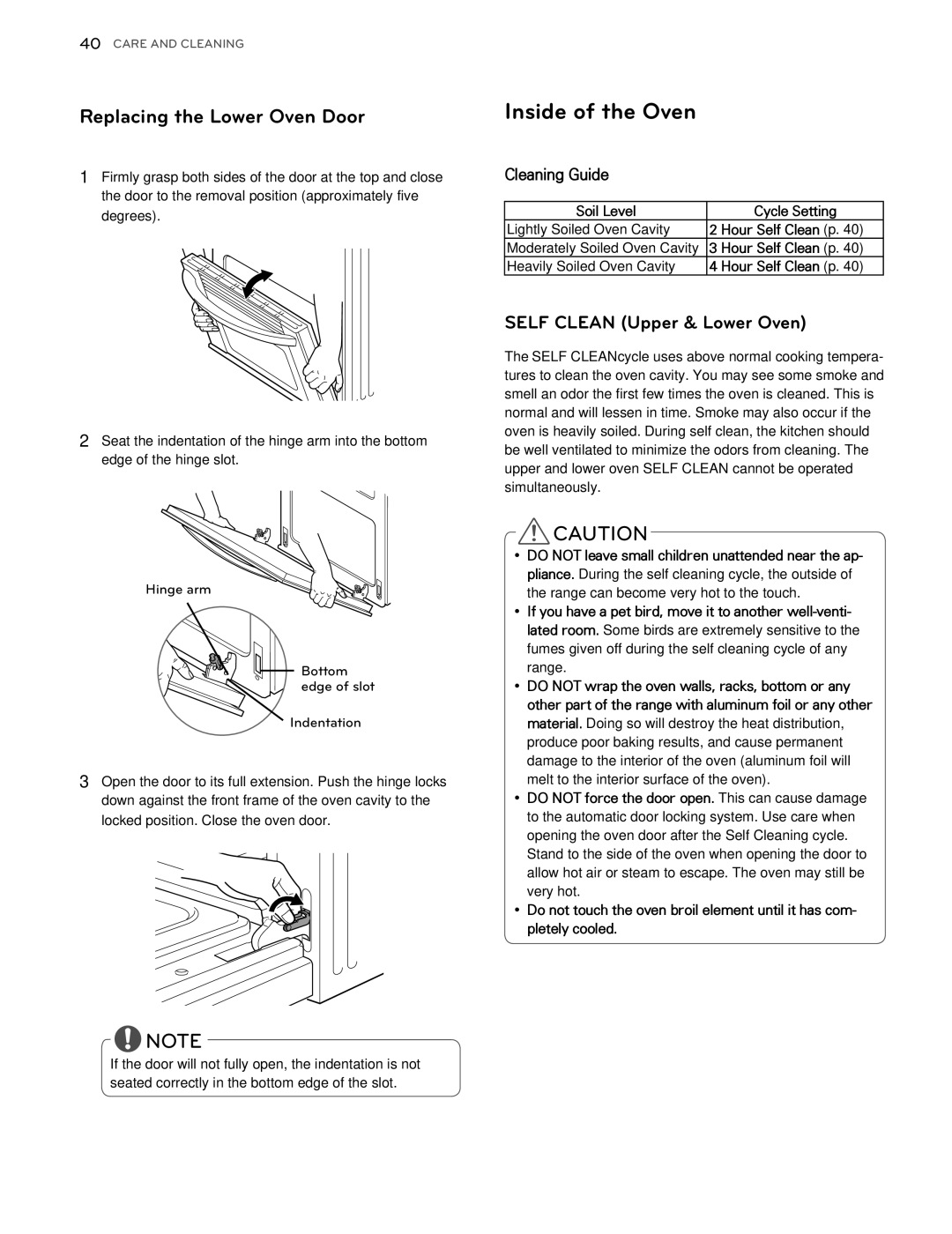 LG Electronics LDG3016ST Inside of the Oven, Replacing the Lower Oven Door, Cleaning Guide, Soil Level Cycle Setting 