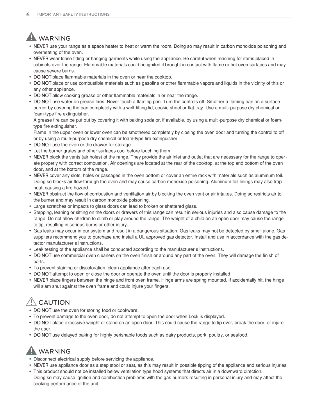 LG Electronics LDG3015SW, LDG3016ST, LDG3015ST, LDG3015SB owner manual Important Safety Instructions 