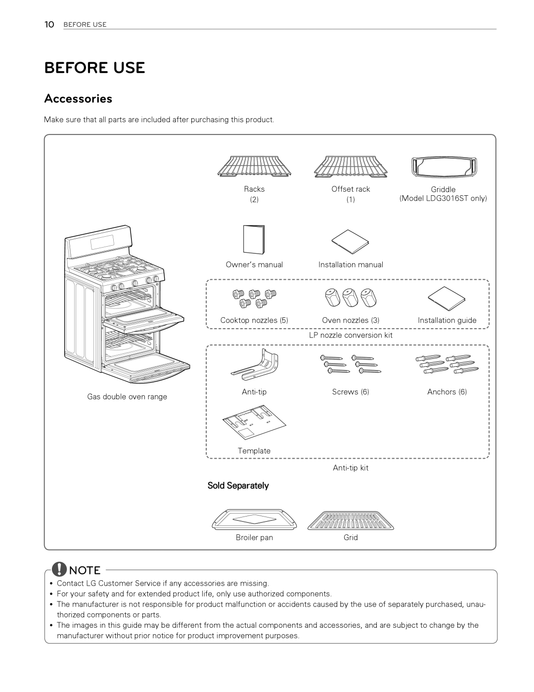 LG Electronics LDG3015SW, LDG3016ST, LDG3015ST, LDG3015SB owner manual Before Use, Accessories, Sold Separately 