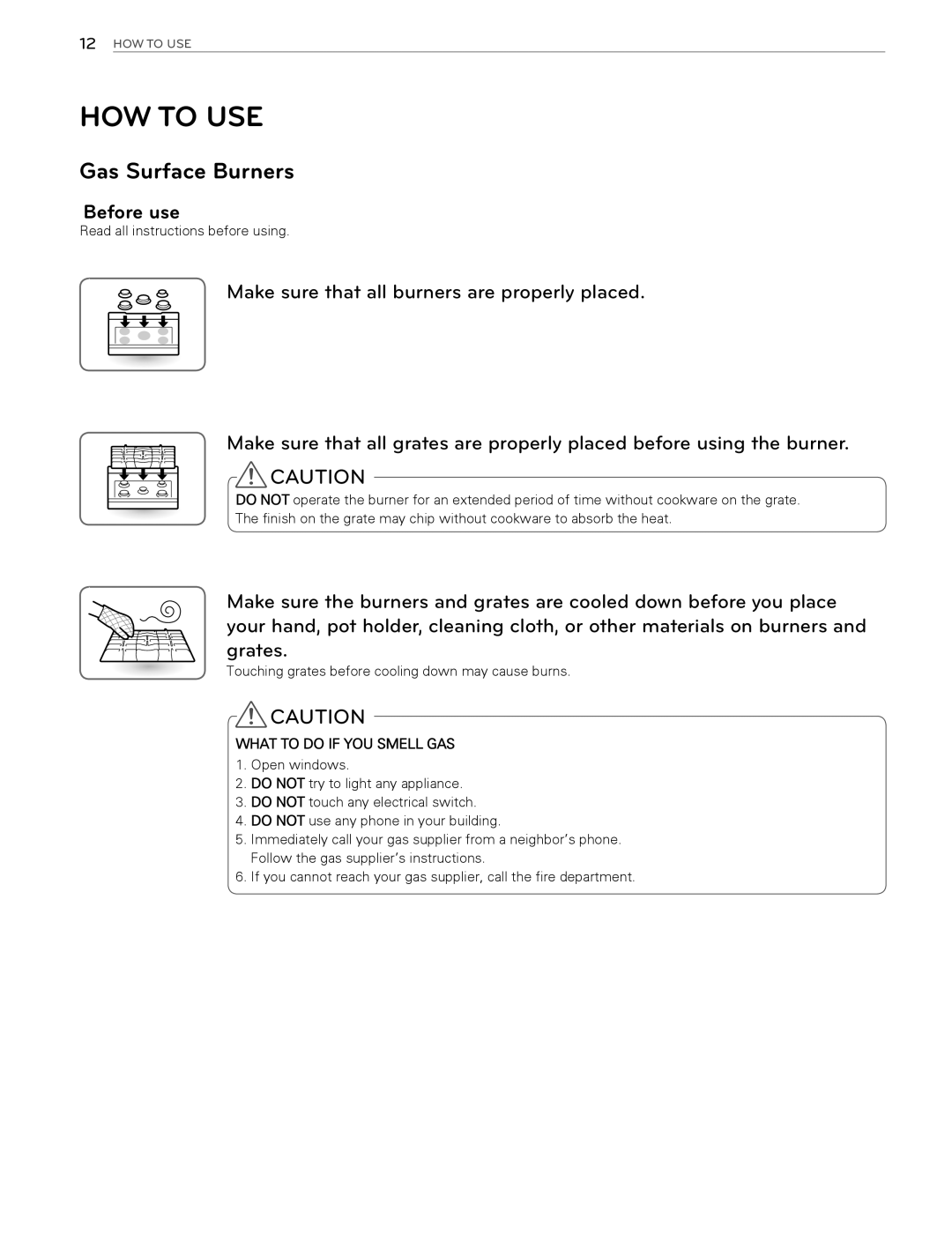 LG Electronics LDG3016ST, LDG3015ST, LDG3015SW, LDG3015SB owner manual How To Use, Gas Surface Burners, Before use 