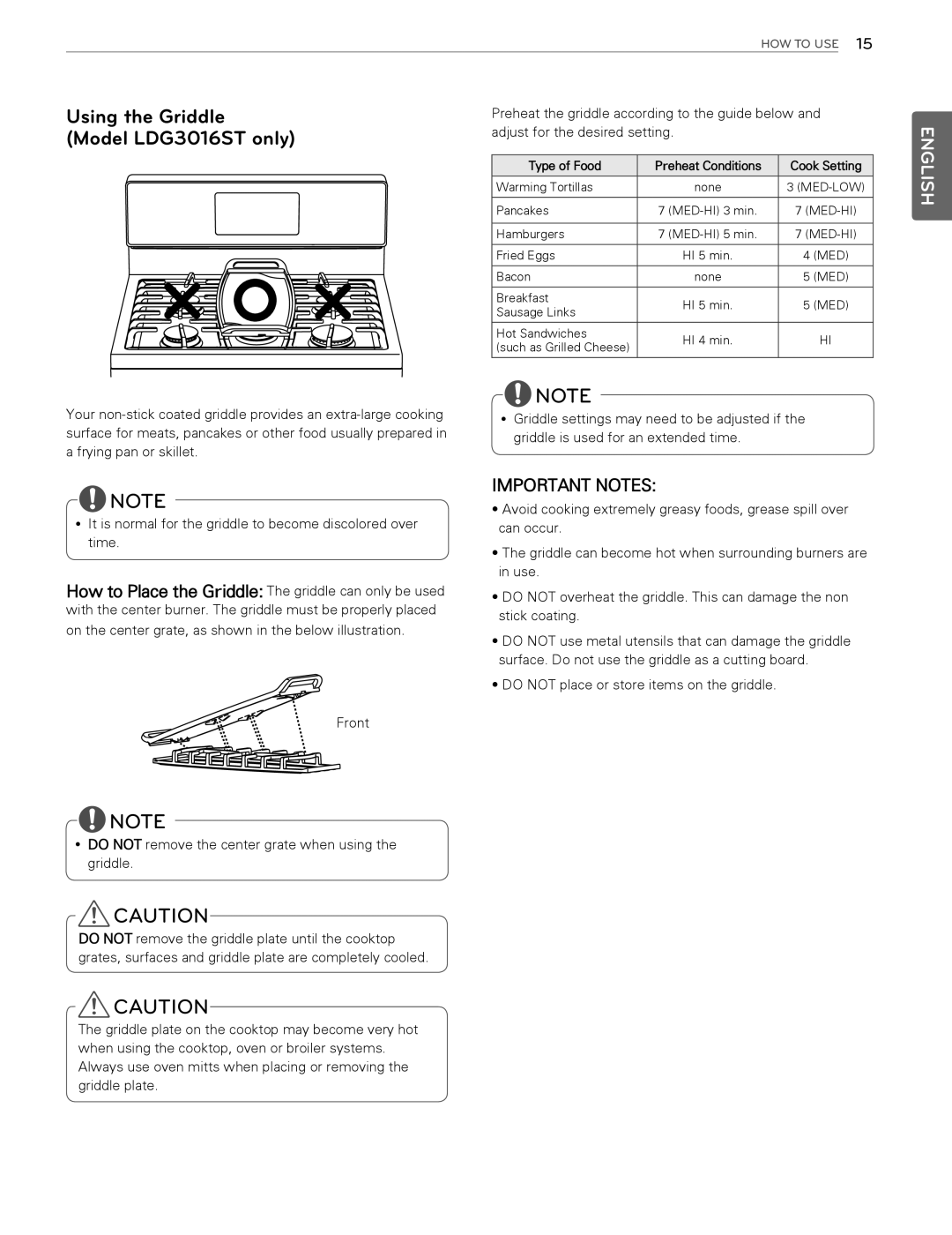 LG Electronics LDG3015SB, LDG3015ST, LDG3015SW owner manual Using the Griddle, Model LDG3016ST only, English, Important Notes 