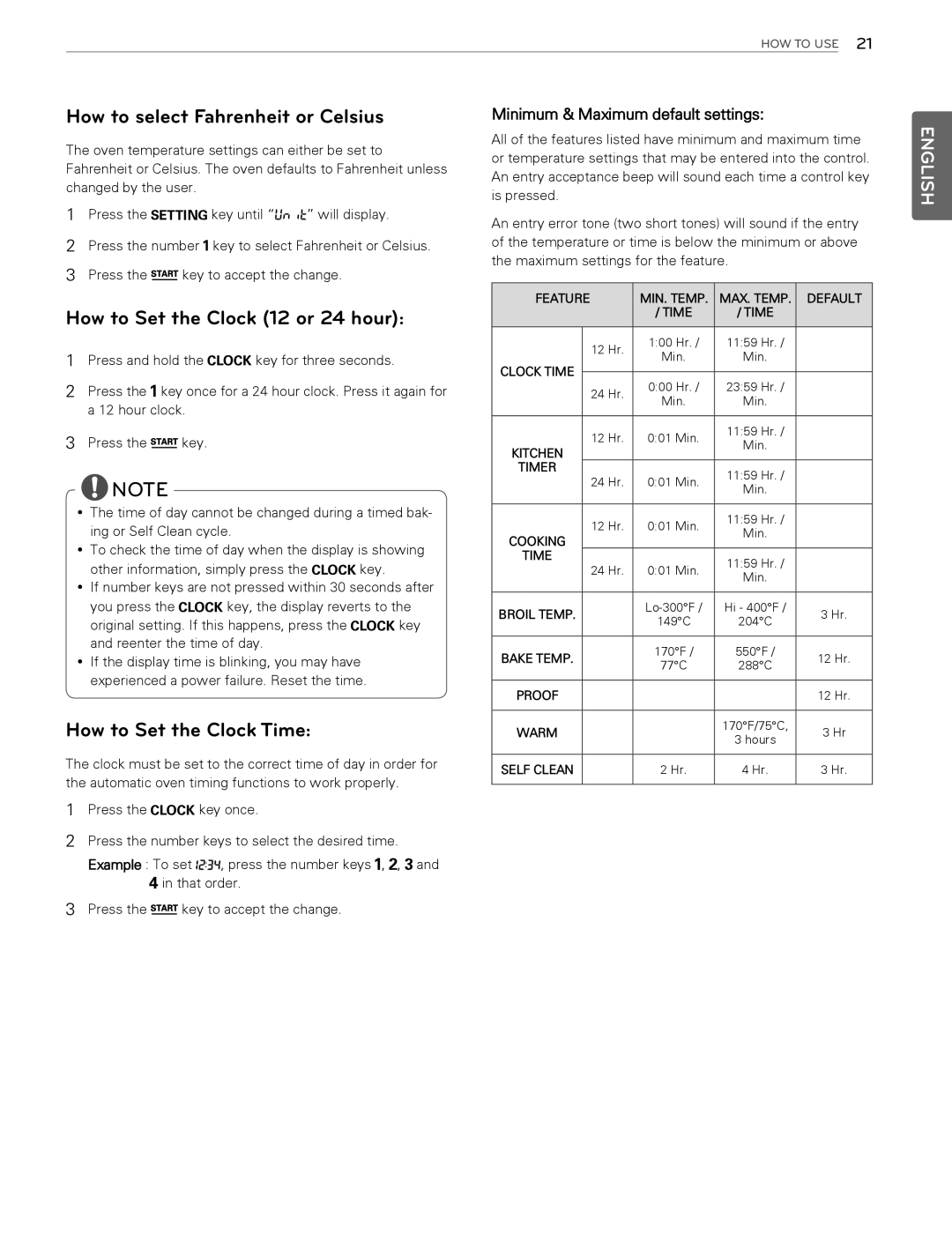 LG Electronics LDG3015ST, LDG3016ST How to select Fahrenheit or Celsius, How to Set the Clock 12 or 24 hour, English 