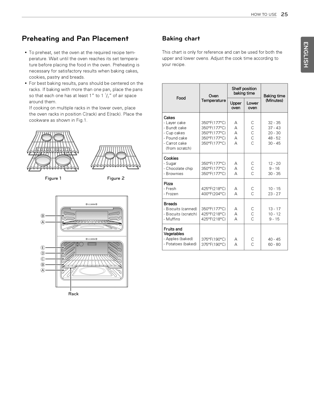 LG Electronics LDG3015ST, LDG3016ST, LDG3015SW, LDG3015SB owner manual Preheating and Pan Placement, Baking chart, English 