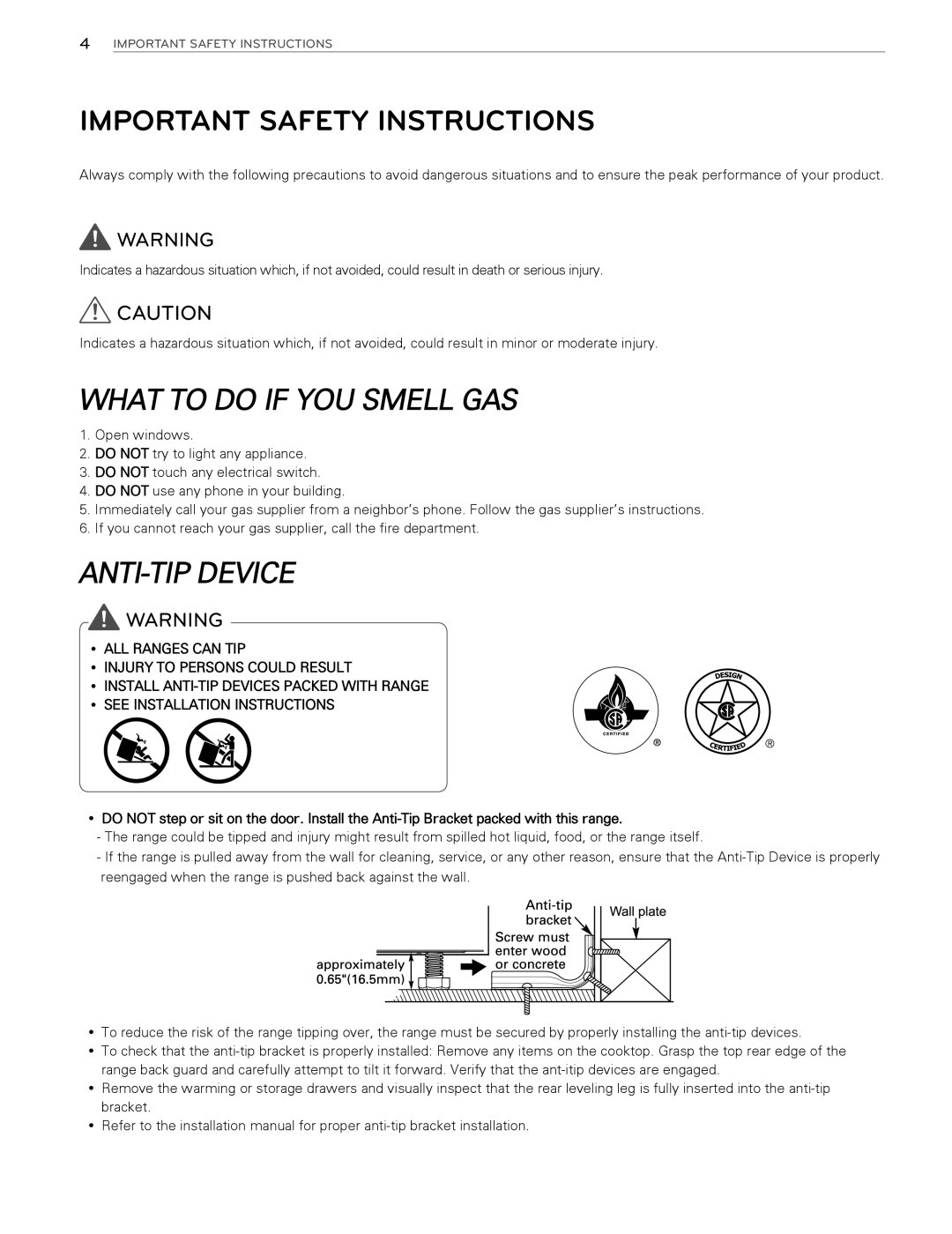 LG Electronics LDG3016ST Important Safety Instructions, What To Do If You Smell Gas, Anti-Tipdevice, yy ALL RANGES CAN TIP 