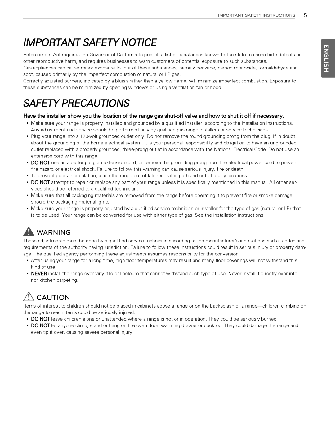 LG Electronics LDG3015ST, LDG3016ST Important Safety Notice, Safety Precautions, English, Important Safety Instructions 