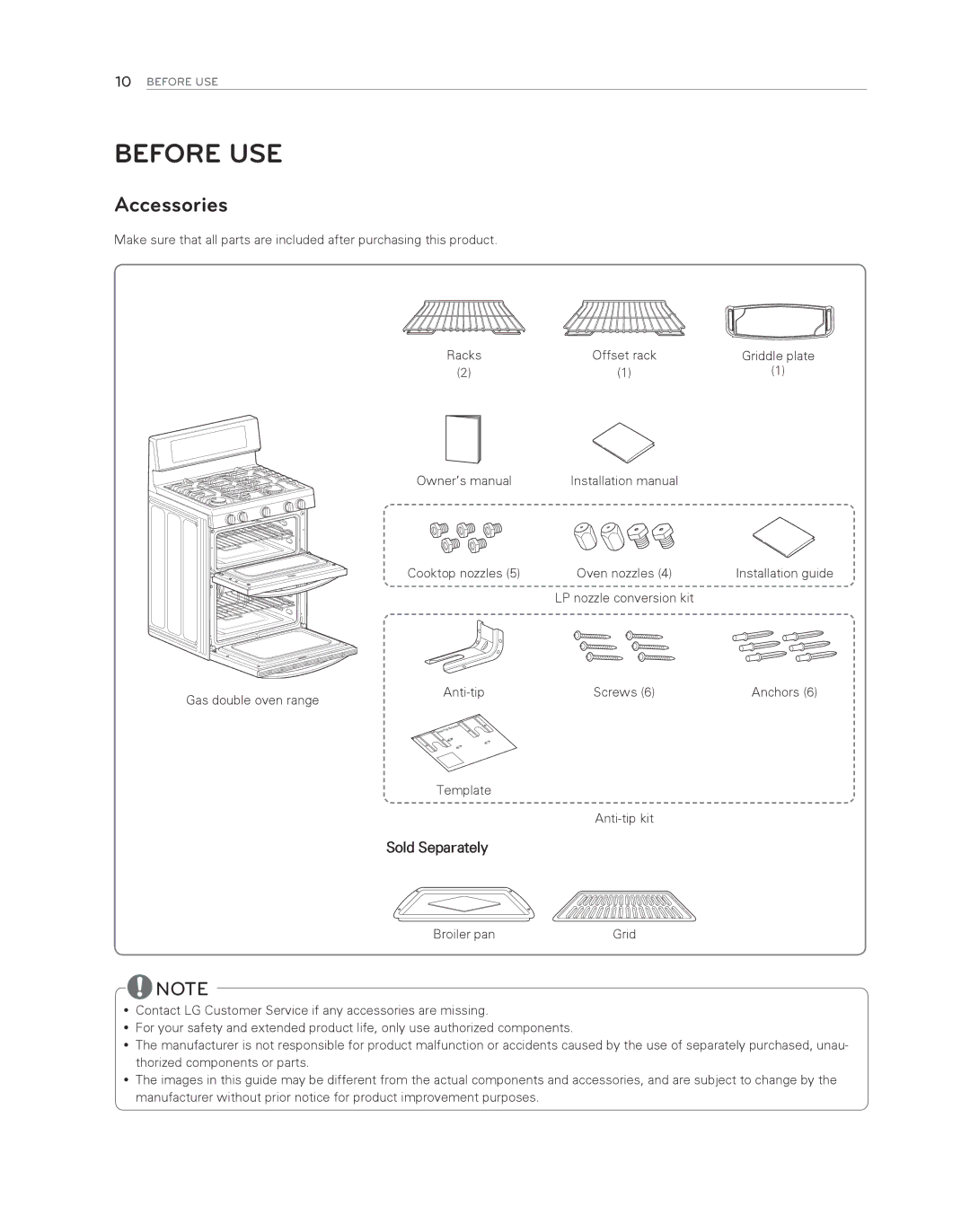 LG Electronics LDG3017ST owner manual Before USE, Accessories, Sold Separately 