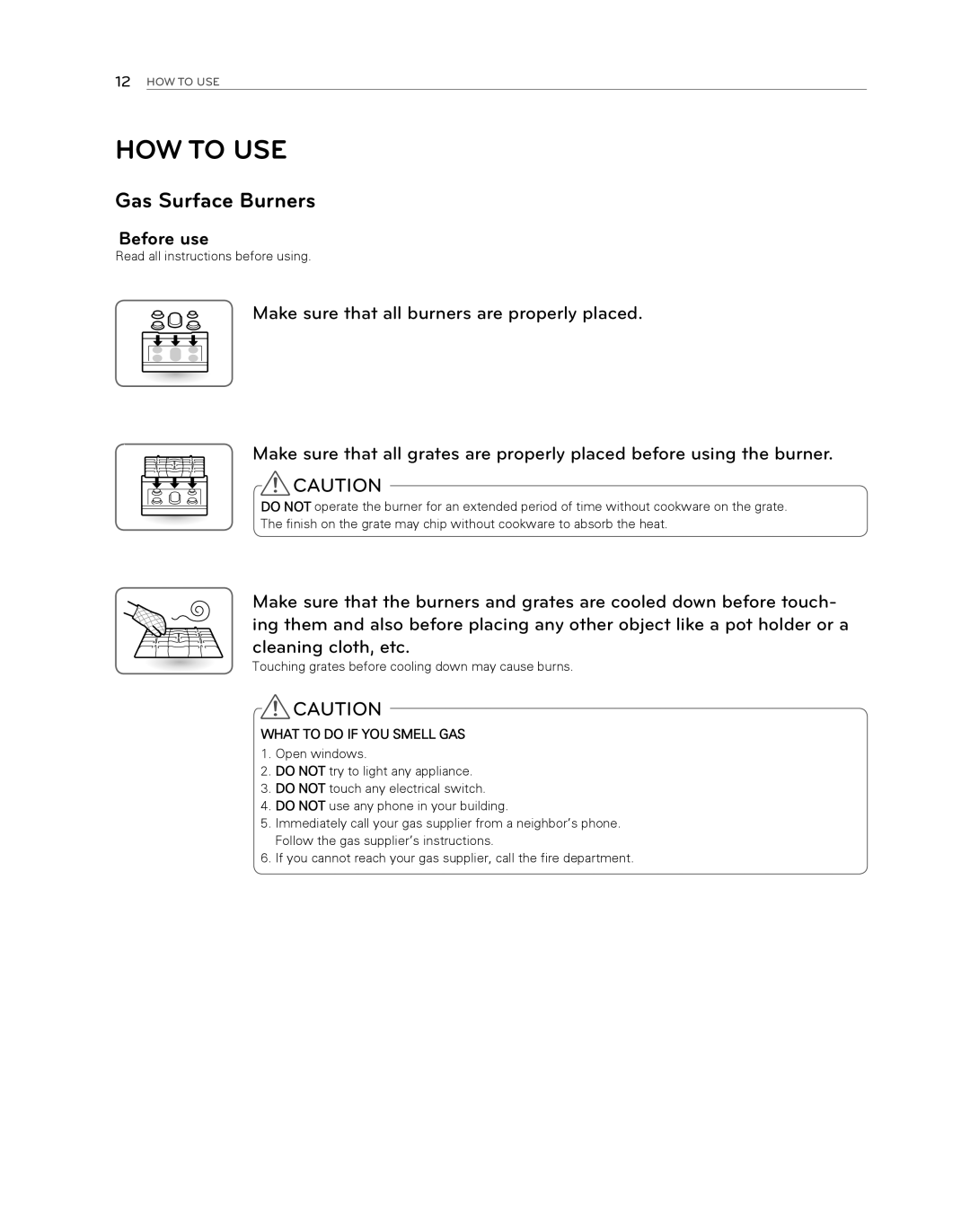 LG Electronics LDG3017ST owner manual HOW to USE, Gas Surface Burners, Before use 