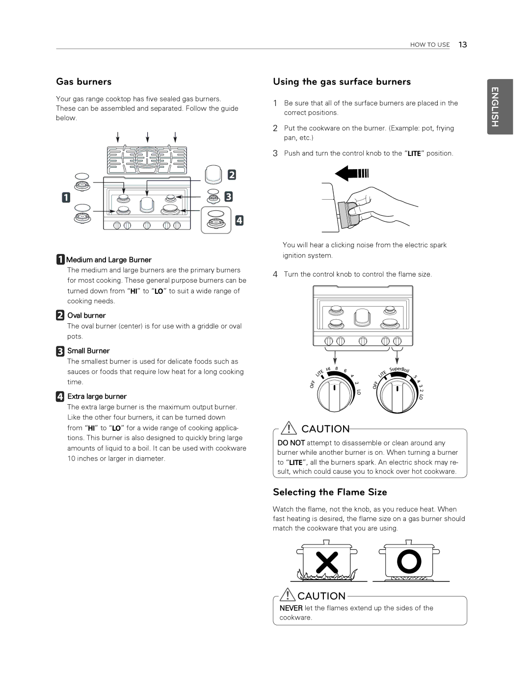 LG Electronics LDG3017ST owner manual Gas burners, Using the gas surface burners, Selecting the Flame Size 