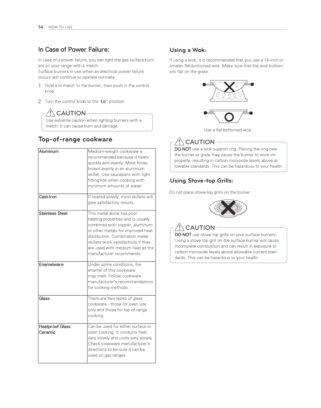 LG Electronics LDG3017ST owner manual Top-of-range cookware, Case of Power Failure, Using a Wok, Using Stove-top Grills 