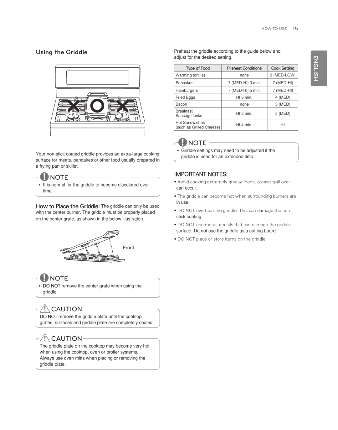 LG Electronics LDG3017ST owner manual Using the Griddle, Adjust for the desired setting 