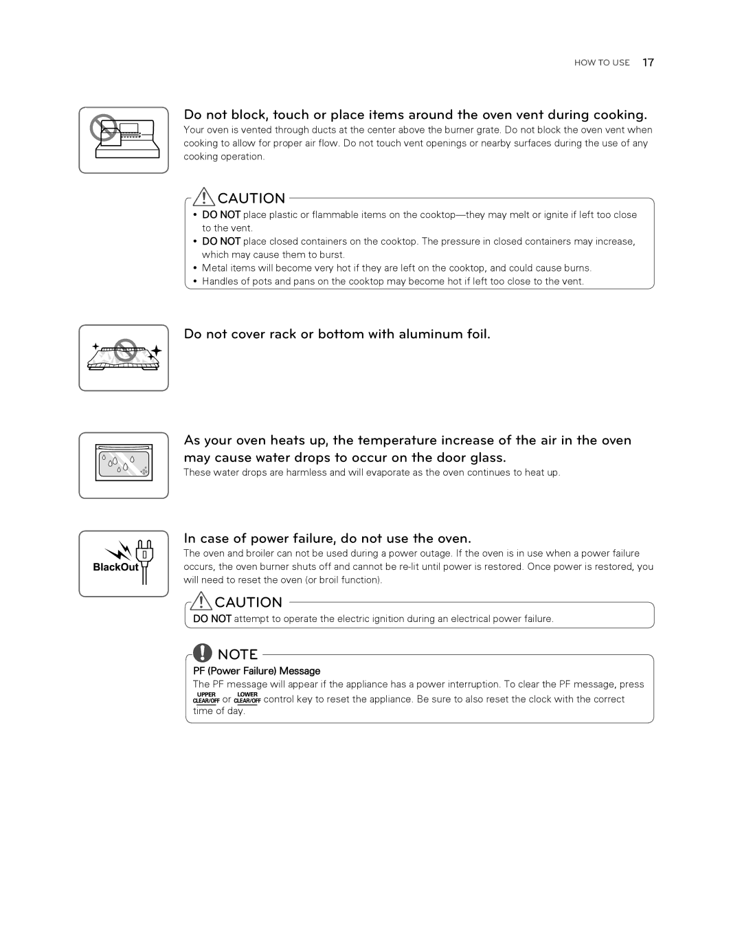 LG Electronics LDG3017ST owner manual Case of power failure, do not use the oven, PF Power Failure Message 