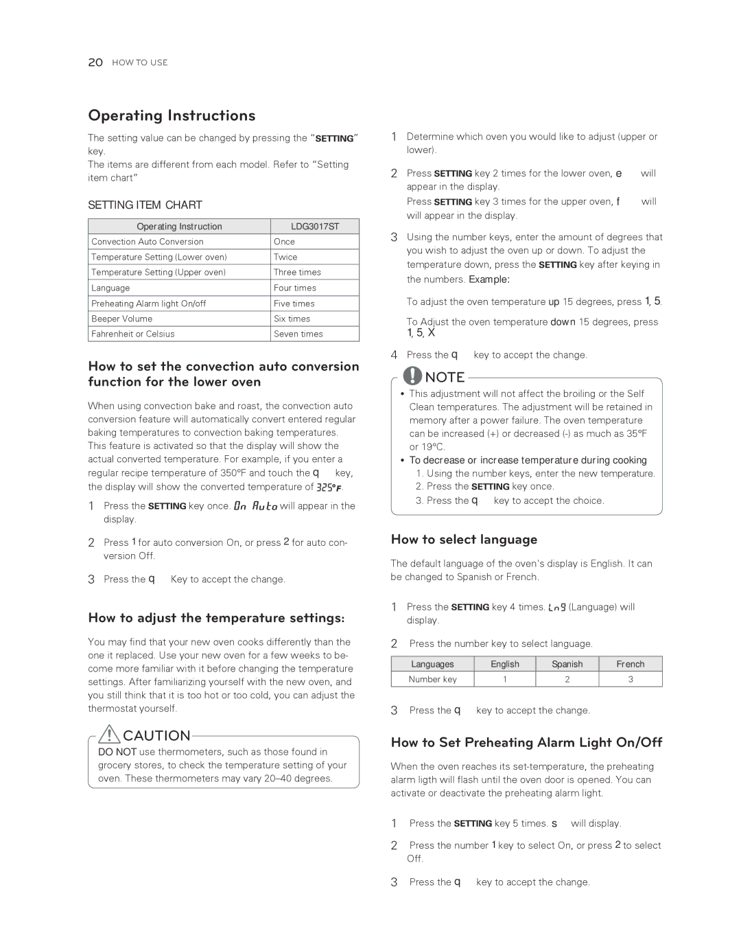 LG Electronics LDG3017ST Operating Instructions, How to adjust the temperature settings, How to select language 