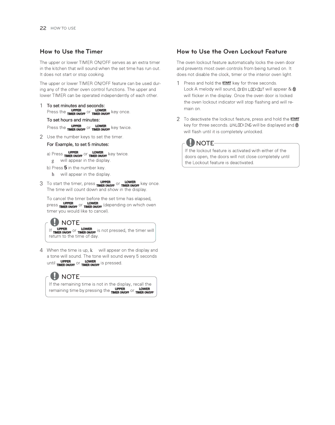 LG Electronics LDG3017ST owner manual How to Use the Timer, How to Use the Oven Lockout Feature, To set minutes and seconds 