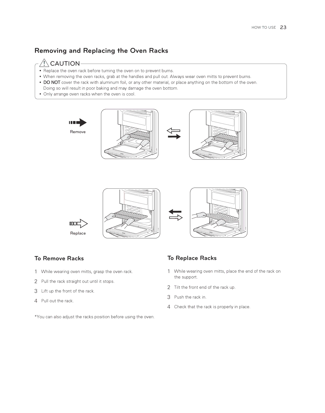 LG Electronics LDG3017ST owner manual Removing and Replacing the Oven Racks, To Remove Racks, To Replace Racks 