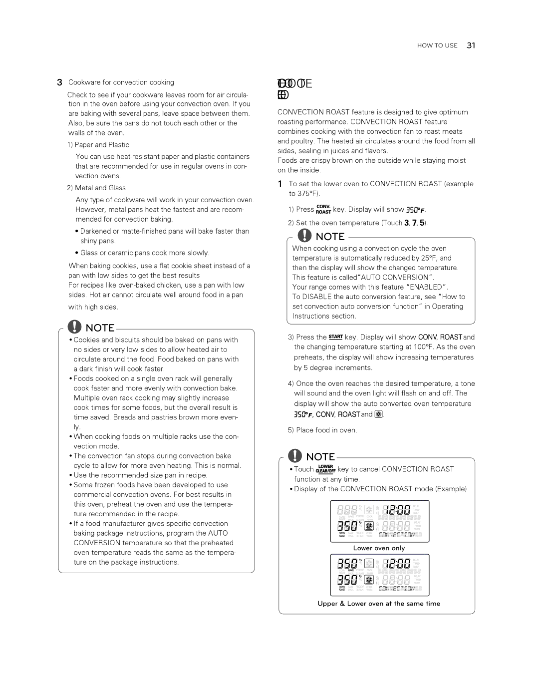 LG Electronics LDG3017ST owner manual Lower Oven, CONV, Roast 