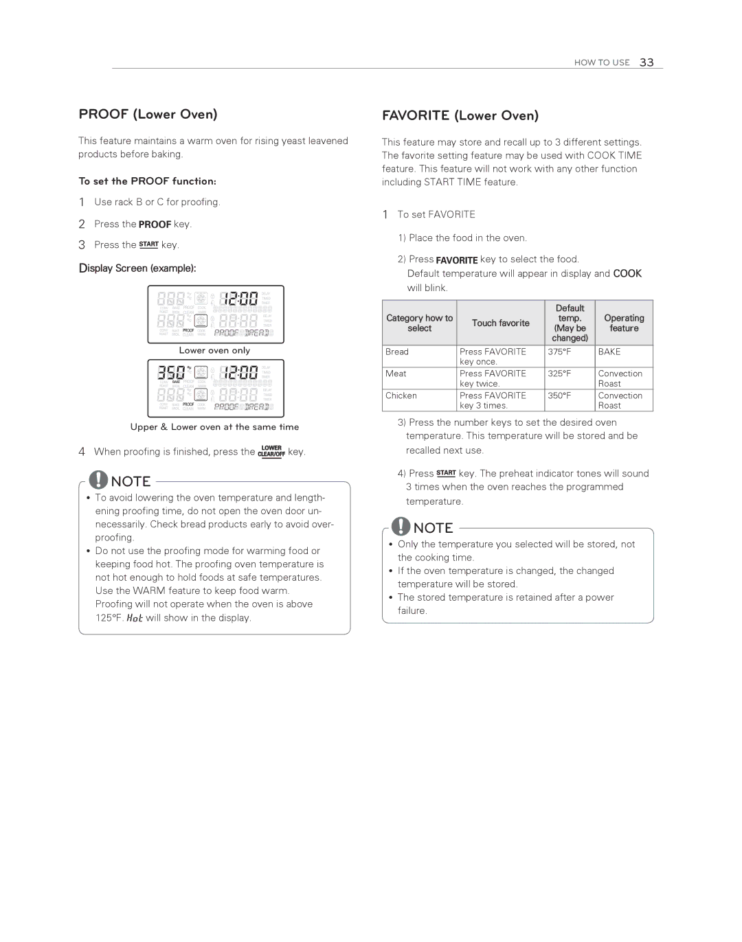 LG Electronics LDG3017ST owner manual Proof Lower Oven, Favorite Lower Oven, To set the Proof function 