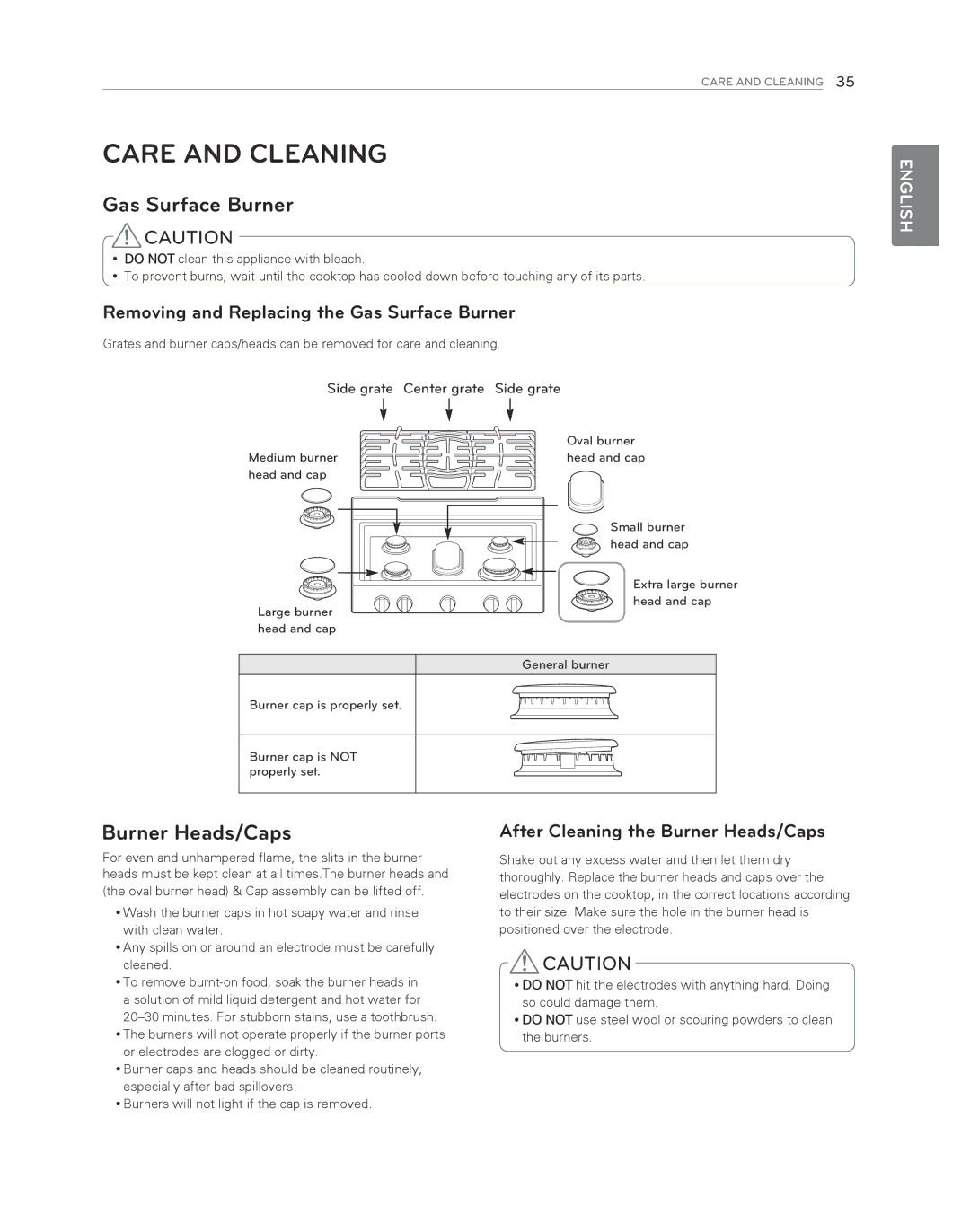 LG Electronics LDG3017ST owner manual Care and Cleaning, Gas Surface Burner, After Cleaning the Burner Heads/Caps 