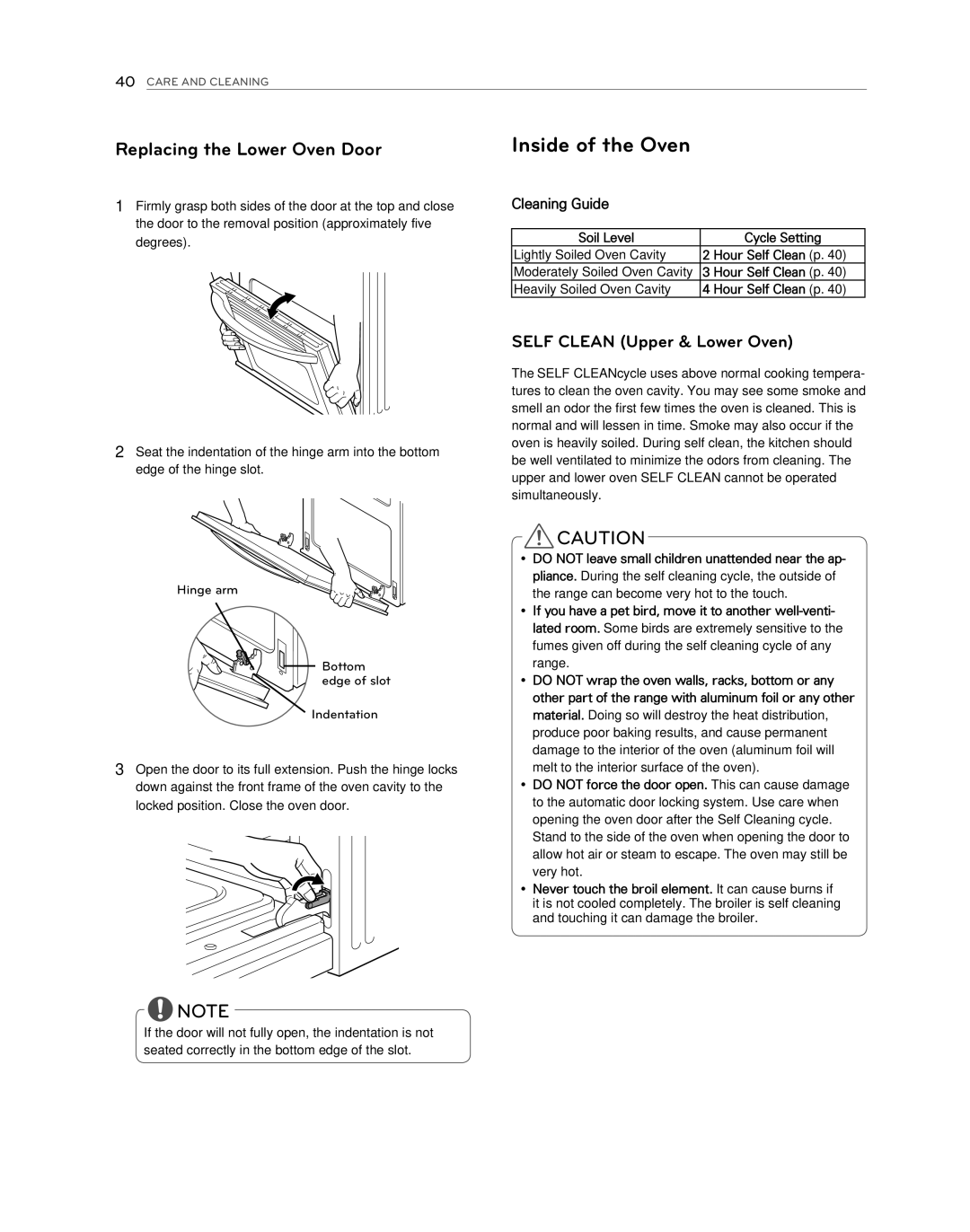 LG Electronics LDG3017ST Inside of the Oven, Replacing the Lower Oven Door, Cleaning Guide, Soil Level Cycle Setting 