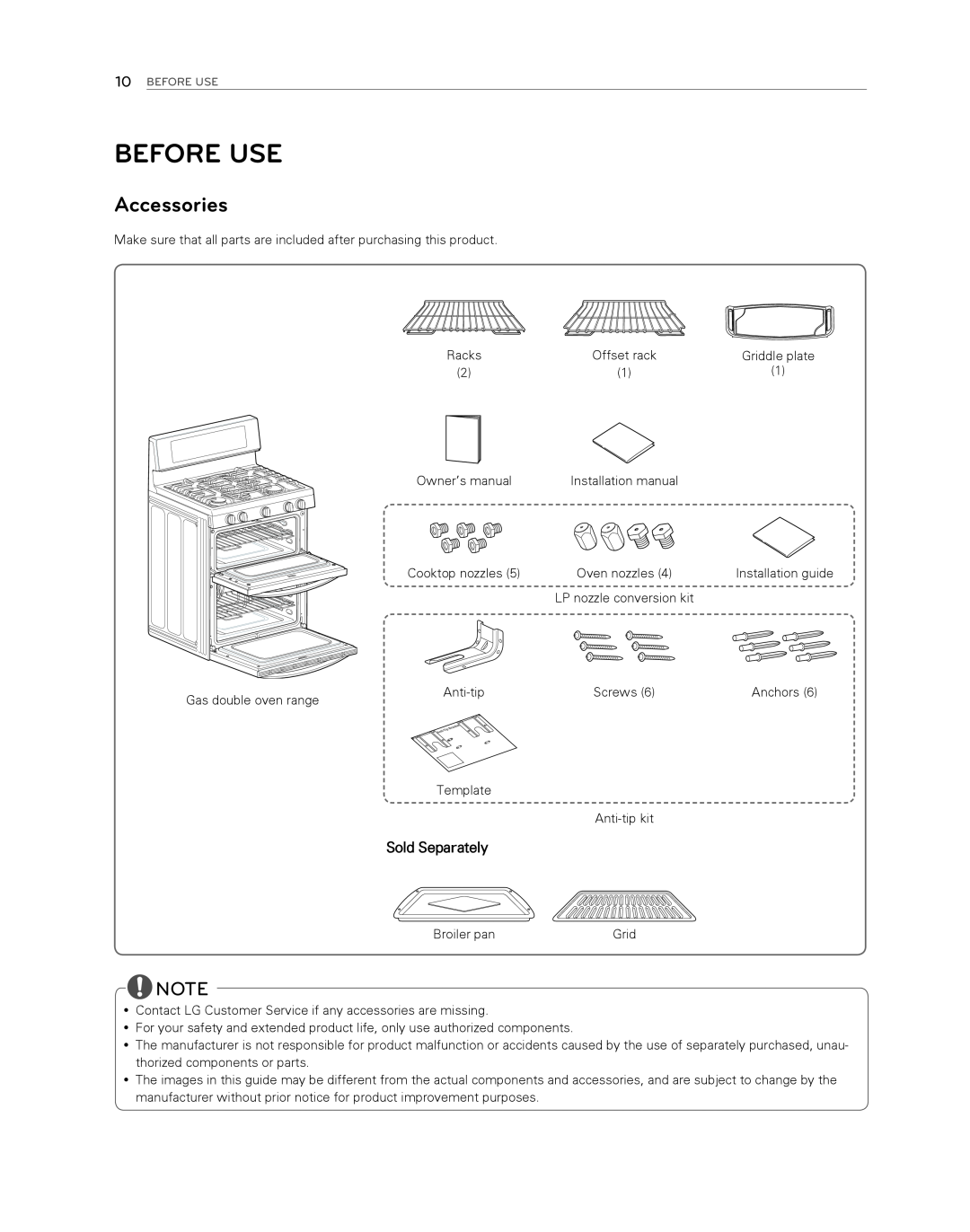 LG Electronics LDG3017ST owner manual Before Use, Accessories, Sold Separately 
