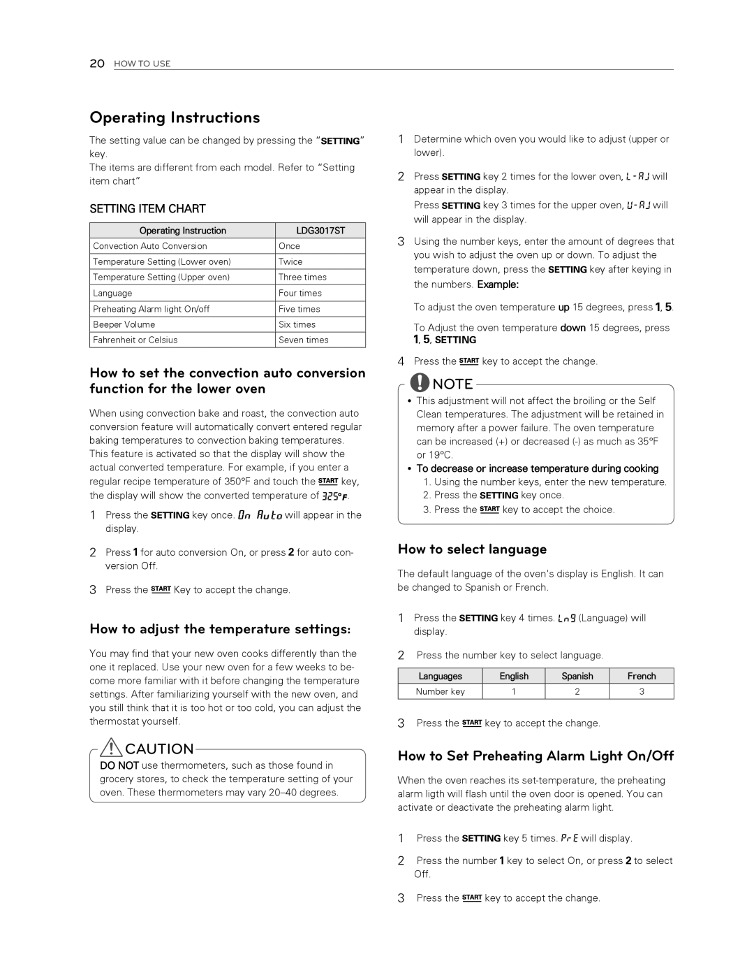 LG Electronics LDG3017ST Operating Instructions, How to set the convection auto conversion function for the lower oven 