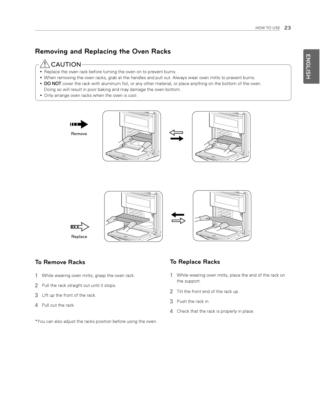 LG Electronics LDG3017ST owner manual Removing and Replacing the Oven Racks, To Remove Racks, To Replace Racks, English 