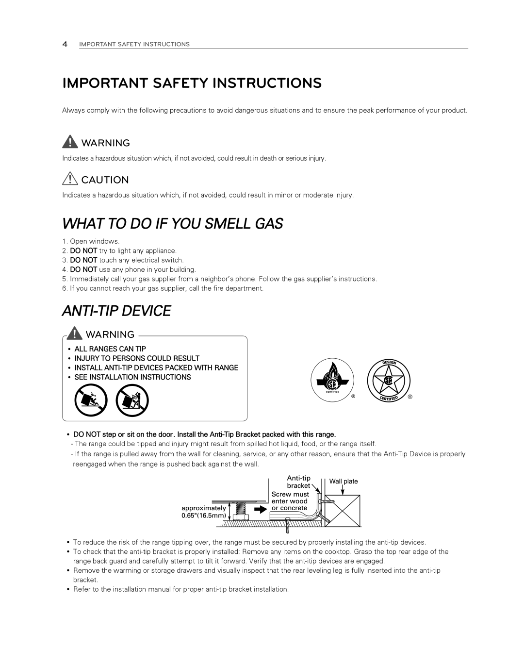 LG Electronics LDG3017ST owner manual Important Safety Instructions, What To Do If You Smell Gas, Anti-Tip Device 