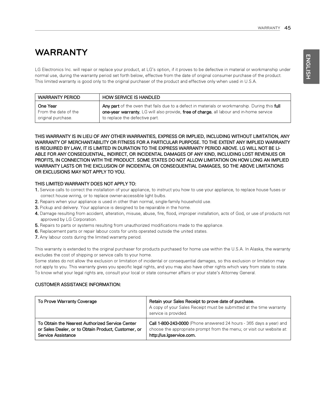 LG Electronics LDG3017ST owner manual Warranty, English 