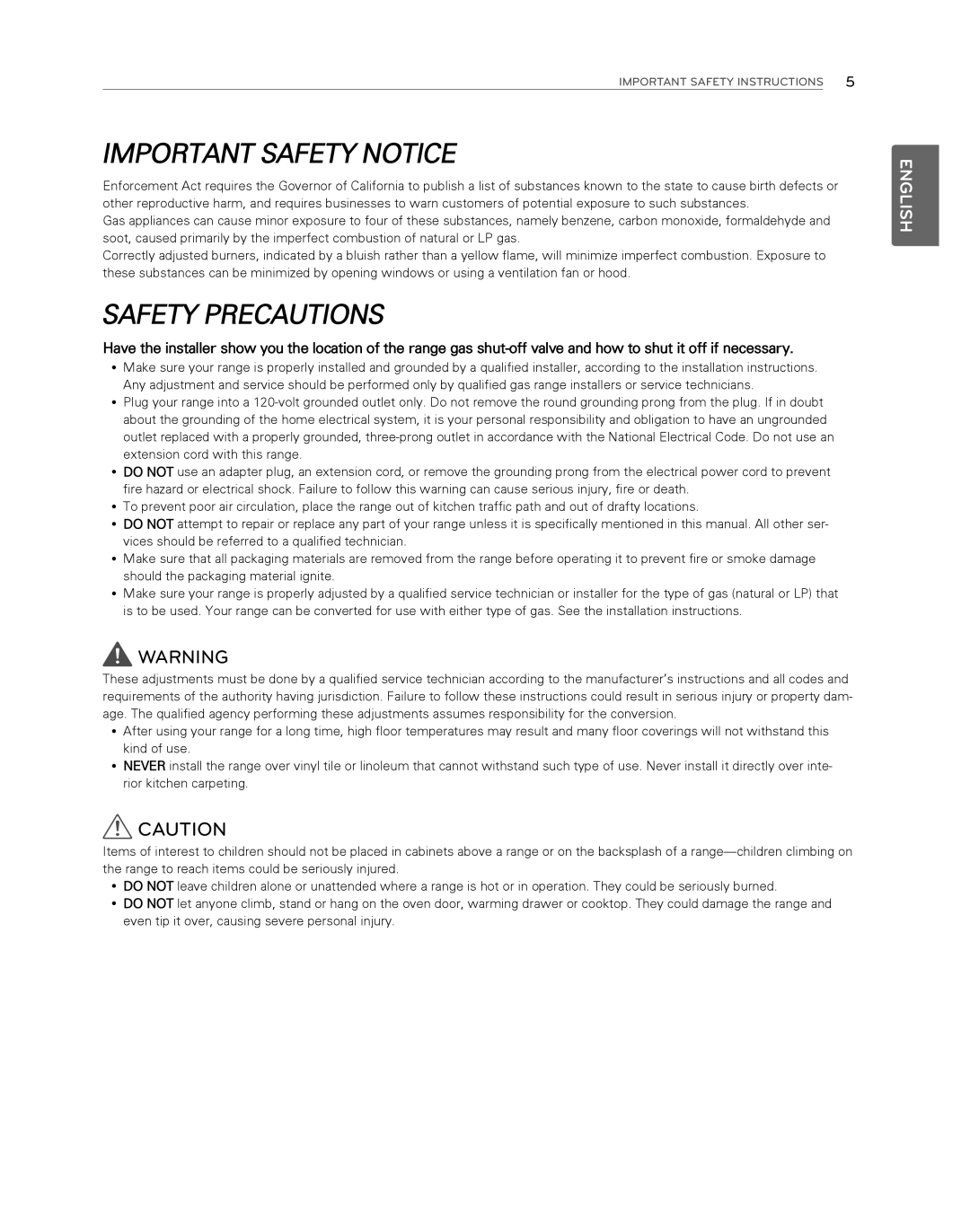 LG Electronics LDG3017ST owner manual Important Safety Notice, Safety Precautions, English, Important Safety Instructions 