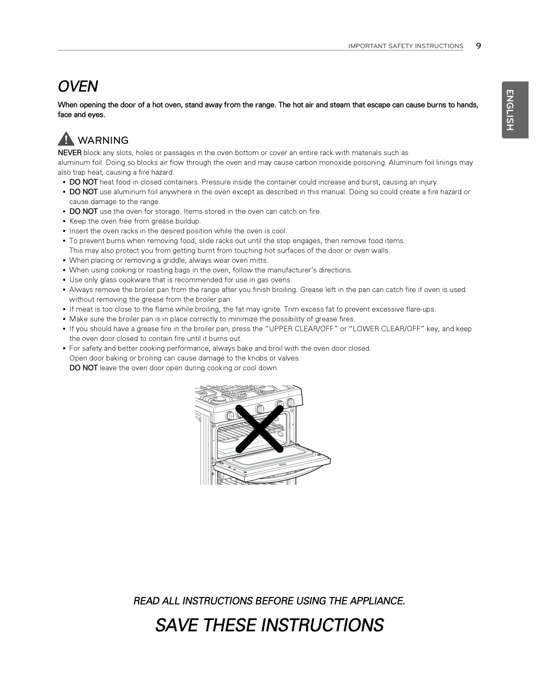 LG Electronics LDG3017ST Oven, Save These Instructions, English, Read All Instructions Before Using The Appliance 