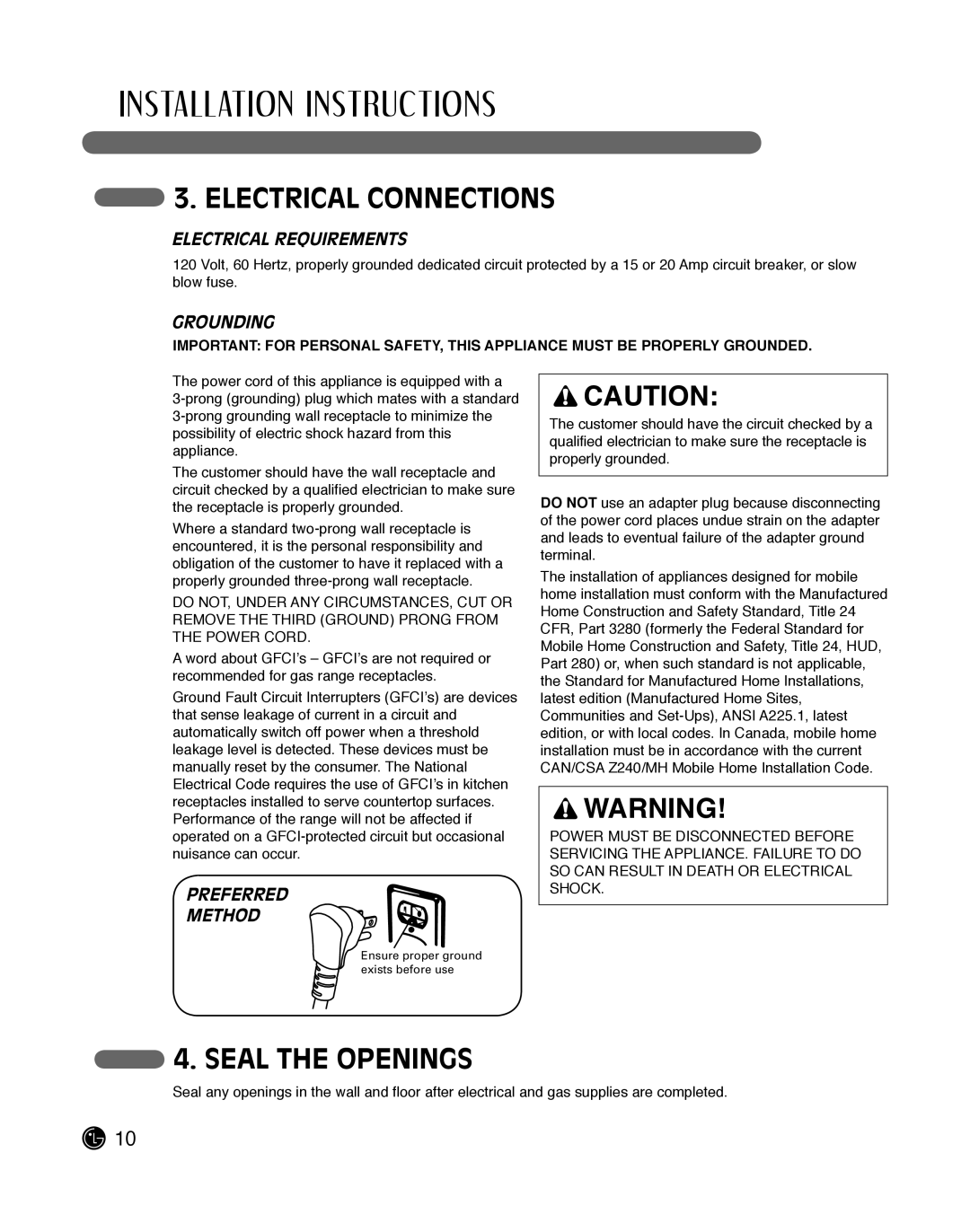 LG Electronics LDG3015ST Electrical Connections, Seal the Openings, Electrical Requirements, Grounding, Preferred Method 